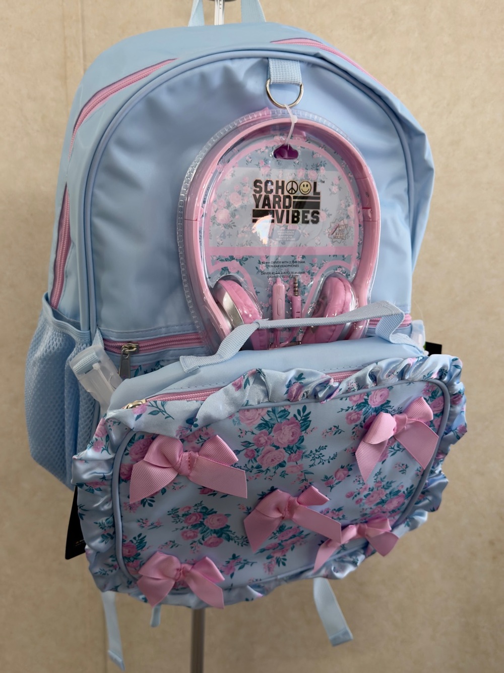 Kids Floral Light Blue Backpack with Pink Bows and Matching Headphones